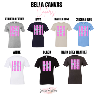 Book Lover Striped Bow Top Bella Canvas color chart from Seven Feathers Boutique showing Athletic Heather, Navy, Heather Dust, Carolina Blue, White, Black, and Dark Grey Heather options