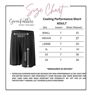 Adult Cooling Performance Short size chart showing waist and inseam measurements in inches for sizes Small through 3X, featuring 7 inch inseam and relaxed waist measurements from 25 to 39 inches, with moisture wicking, UPF 44 plus, and elastic waistband fabric details included.