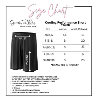 Youth Cooling Performance Short size chart showing waist and inseam measurements in inches for sizes XS 4/5 through XL 18/20, including 5.5 to 6 inch inseam and relaxed waist measurements from 18 to 28 inches, with moisture wicking and UPF 44 plus fabric details listed.