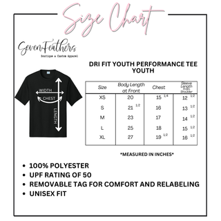 Youth moisture-wicking performance tee size chart showing XS through XL measurements in inches