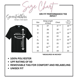 Adult performance tee size chart with body length, chest and sleeve measurements in inches for moisture-wicking unisex shirt