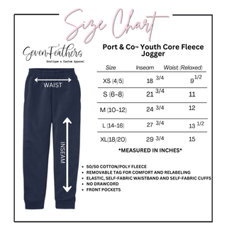 Size chart for Port & Co Youth Core Fleece Jogger showing waist and inseam measurements in inches for XS through XL youth sizes, including 50/50 cotton poly fleece fabric, elastic waistband without drawcord, self fabric cuffs, and front pockets.