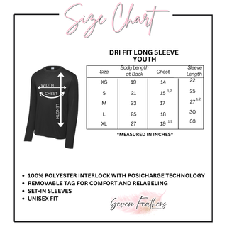 Size chart for Dri Fit Long Sleeve Youth shirt with product image and measurement details.