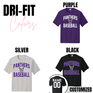 Royal Valley Panthers Baseball Dri Fit Performance Top color options including purple silver and black performance shirts for Royal Valley Panthers baseball spirit wear with optional custom name and number