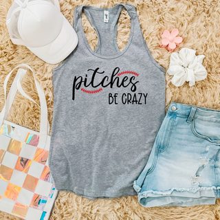 Athletic heather Next Level racerback tank flat lay with pitches BE CRAZY baseball stitch script design
