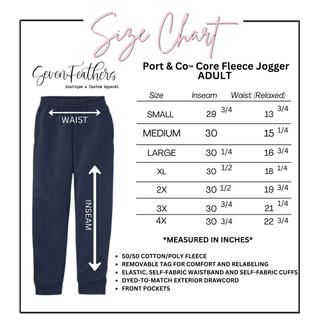 Size chart for Port & Co Core Fleece Jogger adult sizes showing waist and inseam measurements in inches for Small through 4XL, including 50/50 cotton poly fleece fabric, elastic waistband with drawcord, self fabric cuffs, and front pockets.