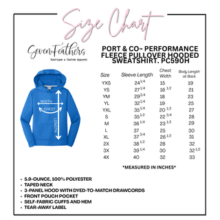 Size chart for Port & Co. Performance Fleece Pullover Hooded Sweatshirt with a blue hoodie illustration.