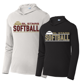 White and black lightweight pullover hoodies with SL Stars Softball rising ball maroon and gold block letter design on white background