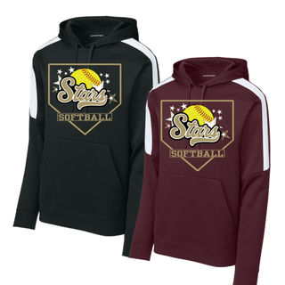  Black and maroon unisex Sport-Wick pullover hoodies with white contrast sleeves and Stars script softball home plate graphic in gold