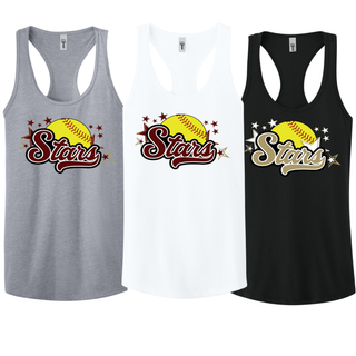Heather grey white and black racerback tank tops with SL Stars Softball yellow softball script stars logo on white background