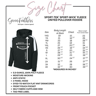 Size chart for Sport-Tek United Pullover Hoodie showing youth and adult measurements for chest, body length, and sleeve length in inches, includes features like moisture-wicking, anti-static, and tag-free label.