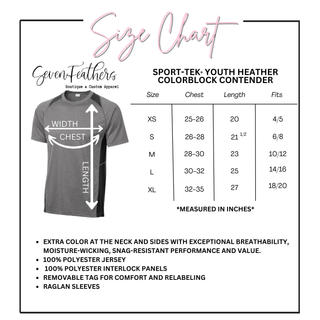 Youth size chart for the Colorblock Contender Tee showing measurements for XS–XL including chest width, body length, and fit guidance, with front view of gray and navy colorblock tee as reference. Includes notes on extra color at neck and sides, moisture-wicking polyester, raglan sleeves, and removable tag.