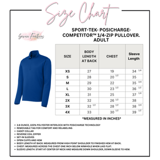 Adult size chart for the Jackson Heights Jr. Cobras Bold Outline Mascot PosiCharge Quarter-Zip, XS through 4XL