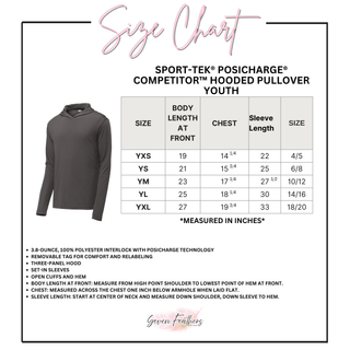 Youth size chart for the Sport-Tek PosiCharge Competitor Hooded Pullover, YXS through YXL