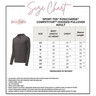 Adult size chart for the Sport-Tek PosiCharge Competitor Hooded Pullover, XS through 4XL