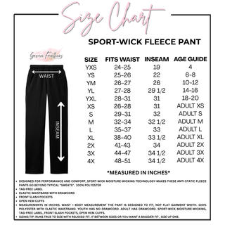 size chart for youth and adult fleece warm up pants showing size names from yxs to 4x with fits waist measurements in inches, inseam lengths, and age guide for cheer athletes