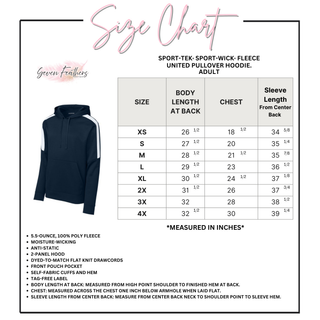 Adult size chart for the Jackson Heights Jr. Cobras Bold Outline Mascot Fan Favorite Hoodie, XS through 4XL