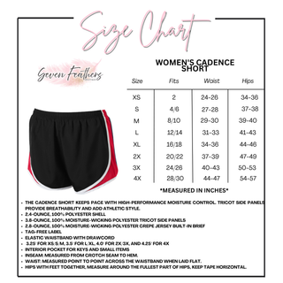 Size chart for the Jackson Heights Cobras Women's Cadence Performance Shorts, adult XS through 4X