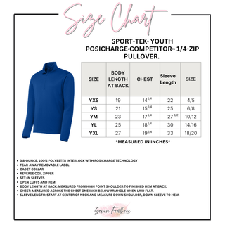 Youth size chart for the Jackson Heights Jr. Cobras Bold Outline Mascot PosiCharge Quarter-Zip, YXS through YXL