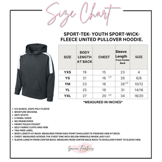 Youth size chart for the Jackson Heights Jr. Cobras Bold Outline Mascot Fan Favorite Hoodie, YXS through YXL