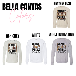 Straight Outta Patience Leopard Momlife Top Bella Canvas color chart from Seven Feathers Boutique showing Heather Dust, Ash Grey, White, and Athletic Heather options in crewneck and long sleeve styles