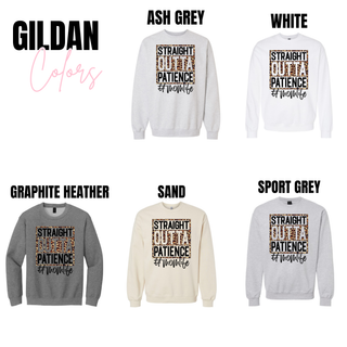 Straight Outta Patience Leopard Momlife Top Gildan color chart from Seven Feathers Boutique showing Ash Grey, White, Graphite Heather, Sand, and Sport Grey crewneck sweatshirt options