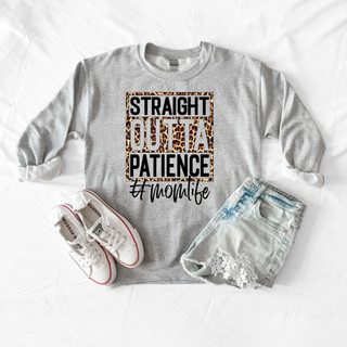 Straight Outta Patience Leopard Momlife Top in Sport Grey Gildan crewneck sweatshirt flat lay styled with white Converse sneakers and distressed denim shorts