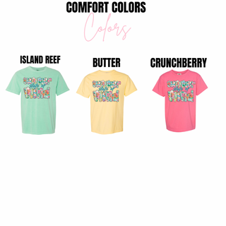 Summer State of Mind Floral Top Comfort Colors color chart from Seven Feathers Boutique showing Island Reef, Butter, and Crunchberry tee options