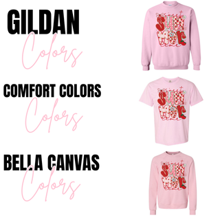  Sweet Summertime Strawberry Top from Seven Feathers Boutique shown in light pink across three brands, Gildan crewneck sweatshirt, Comfort Colors tee, and Bella Canvas crewneck sweatshirt