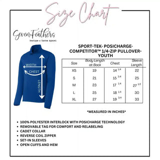 Youth Sport-Tek PosiCharge Competitor 1/4-Zip Pullover size chart showing garment measurement diagram with width, chest, and length indicators. Chart includes sizes XS through XL with body length, chest width, and sleeve length measurements in inches, plus fabric and feature details.