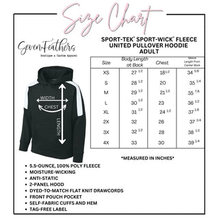 Adult Sport Tek Sport Wick fleece pullover hoodie size chart with measurement guide, showing body length, chest width, and sleeve length in inches.