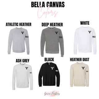 Abbott Ranch American flag sleeve Bella Canvas crewnecks in athletic heather, deep heather, white, ash grey, black, and heather dust
