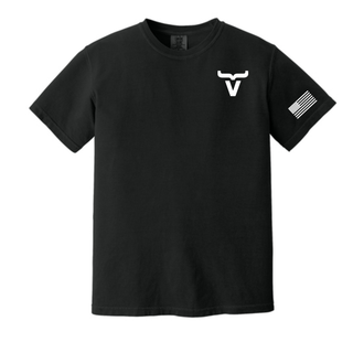 Black Comfort Colors tee with Abbott Ranch bull horn chest logo and American flag sleeve front view