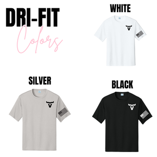 Abbott Ranch American flag sleeve dri-fit performance tees in white, silver, and black
