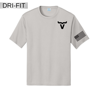 Silver dri-fit performance tee with Abbott Ranch bull horn chest logo and American flag sleeve
