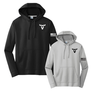 Black and silver performance pullover hoodies with Abbott Ranch bull horn chest logo and American flag sleeve
