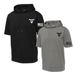 Black and dark smokey grey short sleeve hoodies with Abbott Ranch bull horn chest logo and American flag sleeve
