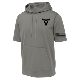 Dark smokey grey short sleeve hoodie with Abbott Ranch bull horn chest logo and American flag sleeve front view
