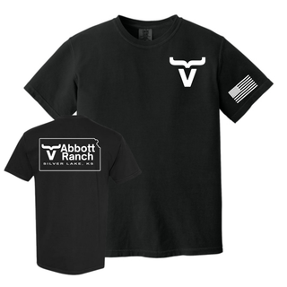 Black Comfort Colors tee with Abbott Ranch bull horn chest logo American flag sleeve and Abbott Ranch Silver Lake KS Kansas state logo back