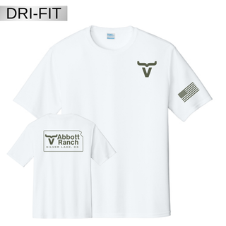 White dri-fit top with sage ink Abbott Ranch pocket logo front, Kansas logo back, and American flag sleeve