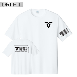 White dri-fit performance tee with Abbott Ranch bull horn chest logo American flag sleeve and Abbott Ranch Silver Lake KS Kansas state logo back
