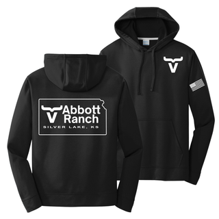 Black performance hoodie with Abbott Ranch bull horn chest logo American flag sleeve and Abbott Ranch Silver Lake KS Kansas state logo back
