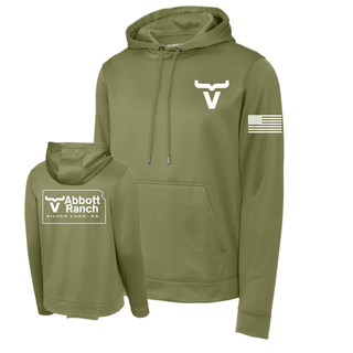 Olive drab green performance hoodie with white Abbott Ranch pocket logo front, Kansas state outline logo back, and American flag sleeve