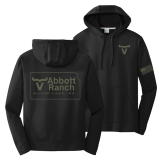 Black performance hoodie with sage ink Abbott Ranch pocket logo front, Kansas logo back, and American flag sleeve