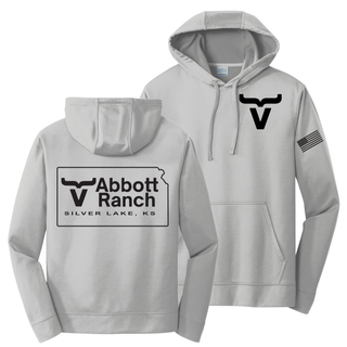 Silver performance hoodie with Abbott Ranch bull horn chest logo American flag sleeve and Abbott Ranch Silver Lake KS Kansas state logo back

