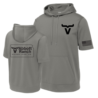 Dark smokey grey short sleeve hoodie with Abbott Ranch bull horn chest logo American flag sleeve and Abbott Ranch Silver Lake KS Kansas state logo back
