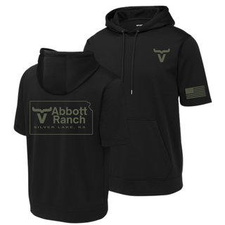 Black short sleeve hoodie with sage ink Abbott Ranch pocket logo front, Kansas logo back, and American flag sleeve
