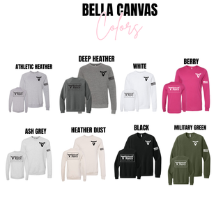 Bella Canvas Abbott Ranch front pocket and back Kansas logo crewnecks in athletic heather, deep heather, white, berry, ash grey, heather dust, black, and military green