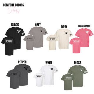 Comfort Colors Abbott Ranch front pocket and back Kansas logo tees in black, grey, ivory, crunchberry, pepper, white, and moss