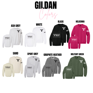 Gildan Abbott Ranch front pocket and back Kansas logo crewnecks in ash grey, white, black, heliconia, sand, sport grey, graphite heather, and military green